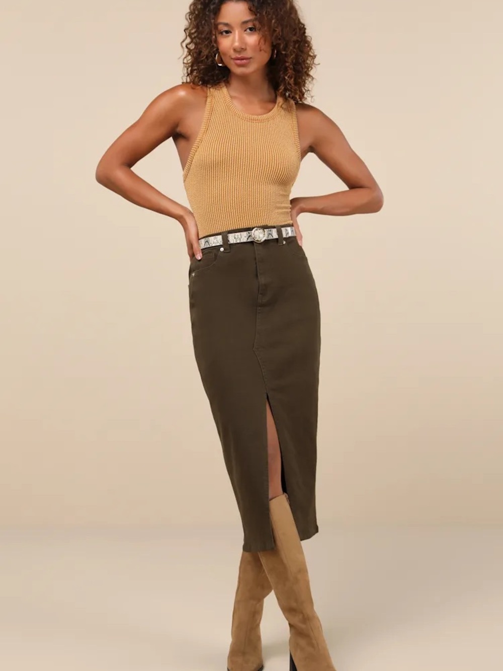 Lulu's Olive Green Midi Skirt with Front Slit